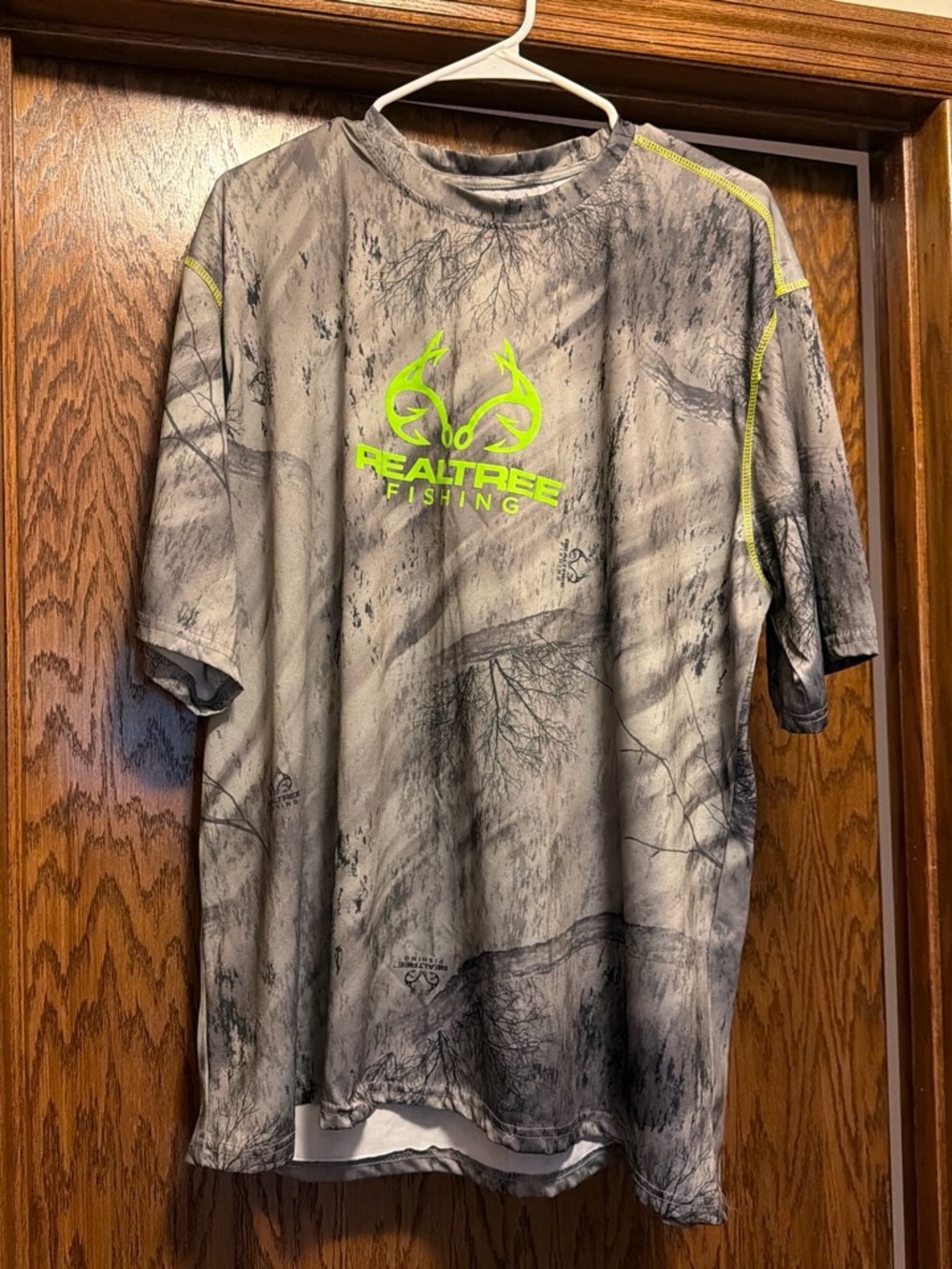 Realtree Short Sleeve Camo Fishing Tee in Gray with Neon Yellow Logo